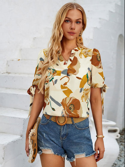 Tied Printed Notched Short Sleeve Blouse Pastel Yellow