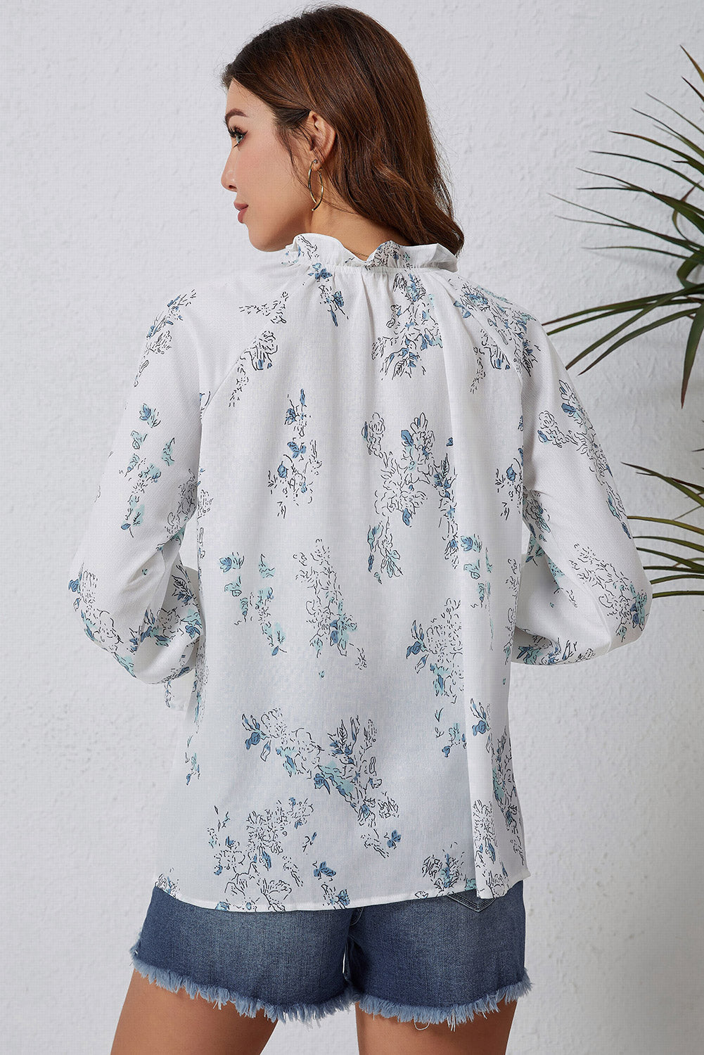 Double Take Floral Tie Neck Flounce Sleeve Blouse