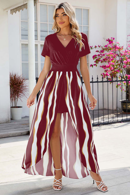 Smocked High-Low Printed Surplice Dress Deep Red