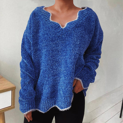 V-Neck Drop Shoulder Long Sleeve Sweater Royal Blue