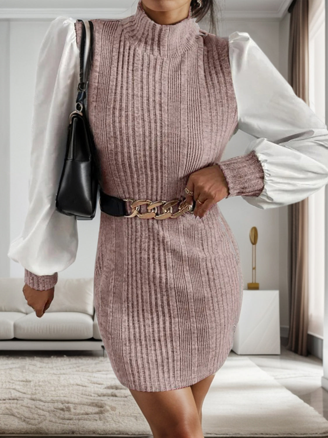 Ribbed Contrast Long Sleeve Sweater Dress Mocha