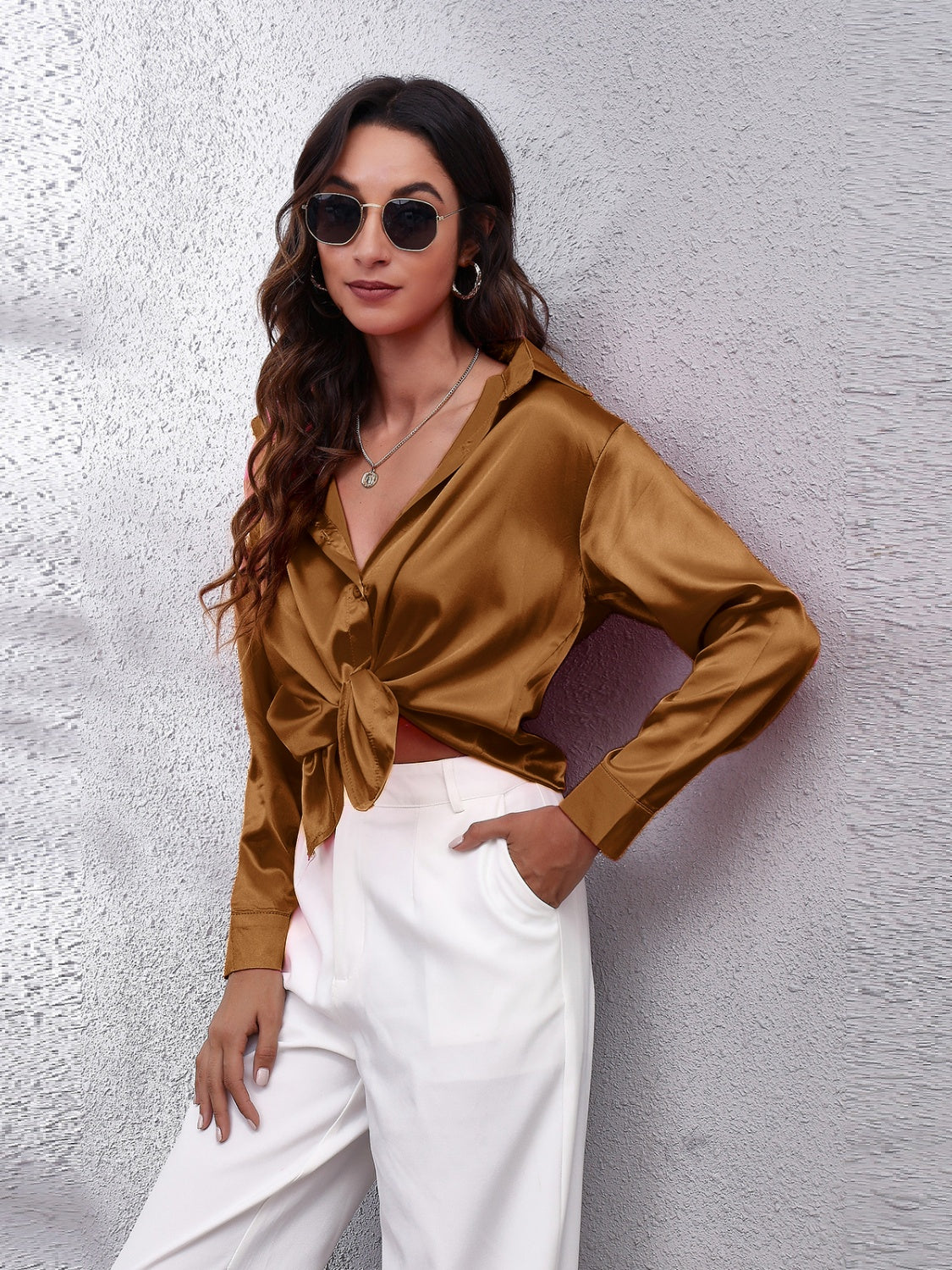 Collared Neck Buttoned Long Sleeve Shirt Caramel