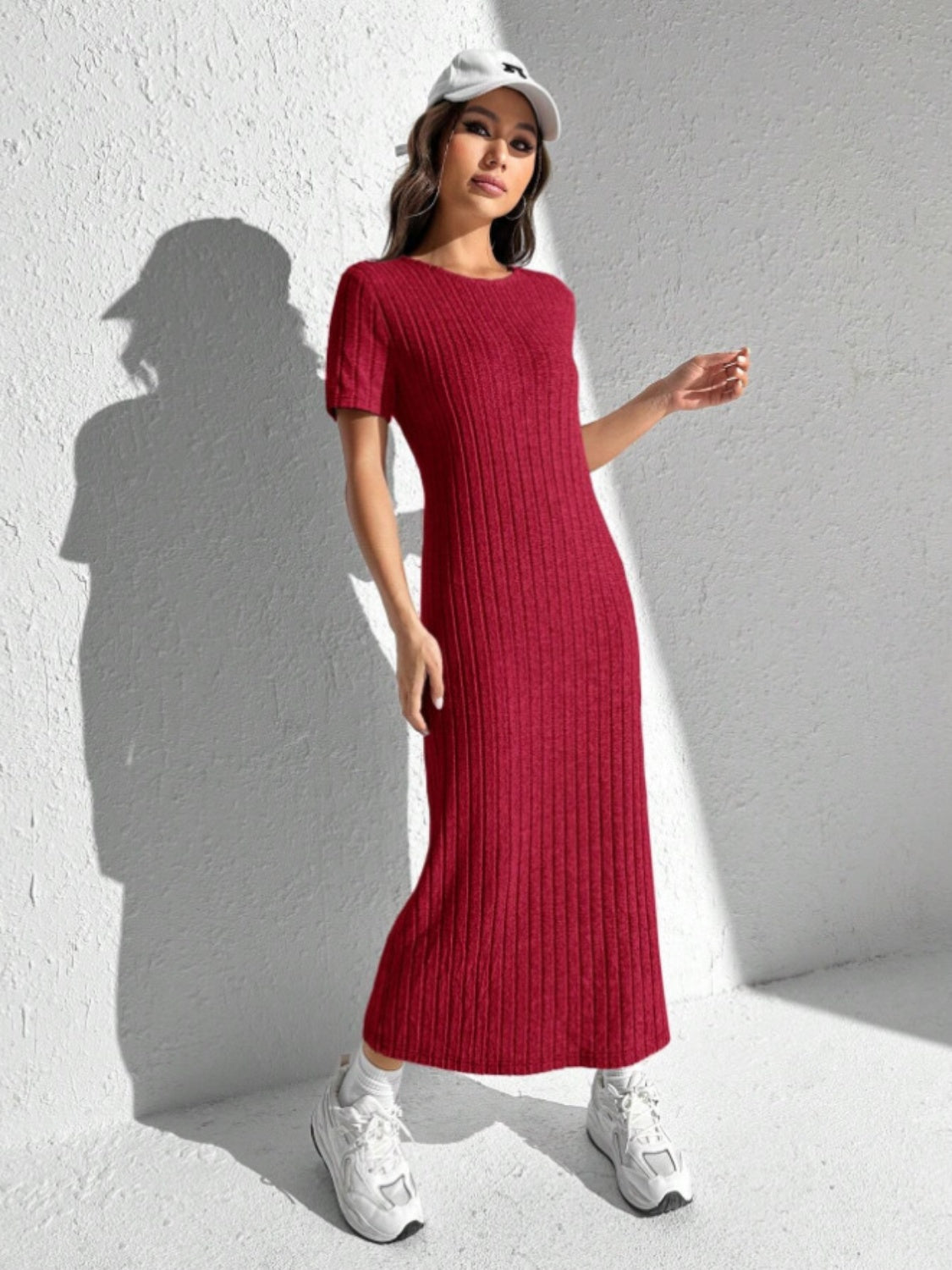 Slit Round Neck Short Sleeve Sweater Dress Scarlet