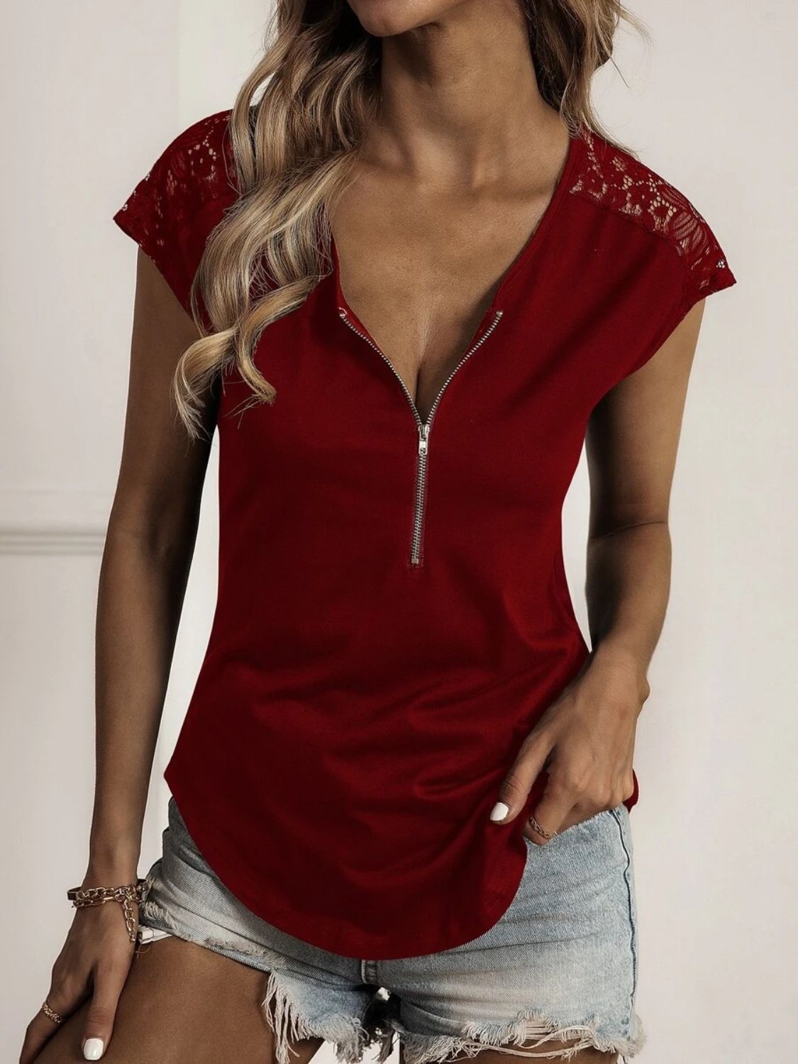 Lace Detail Half Zip Cap Sleeve T-Shirt Burgundy