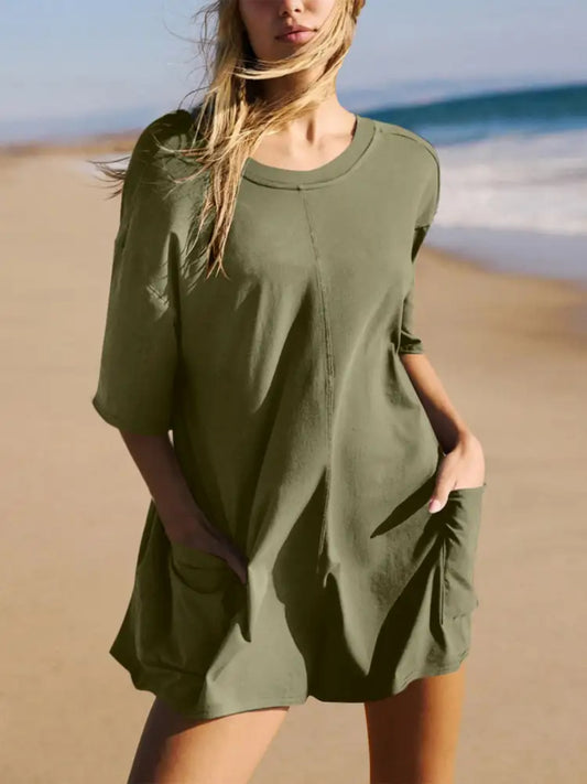 Backless Round Neck Half Sleeve Romper Matcha Green