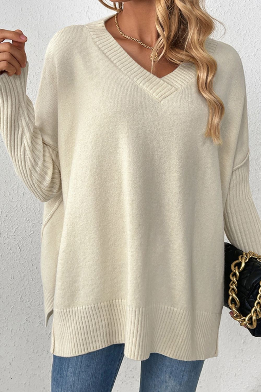 Slit V-Neck Dropped Shoulder Sweater Light Yellow