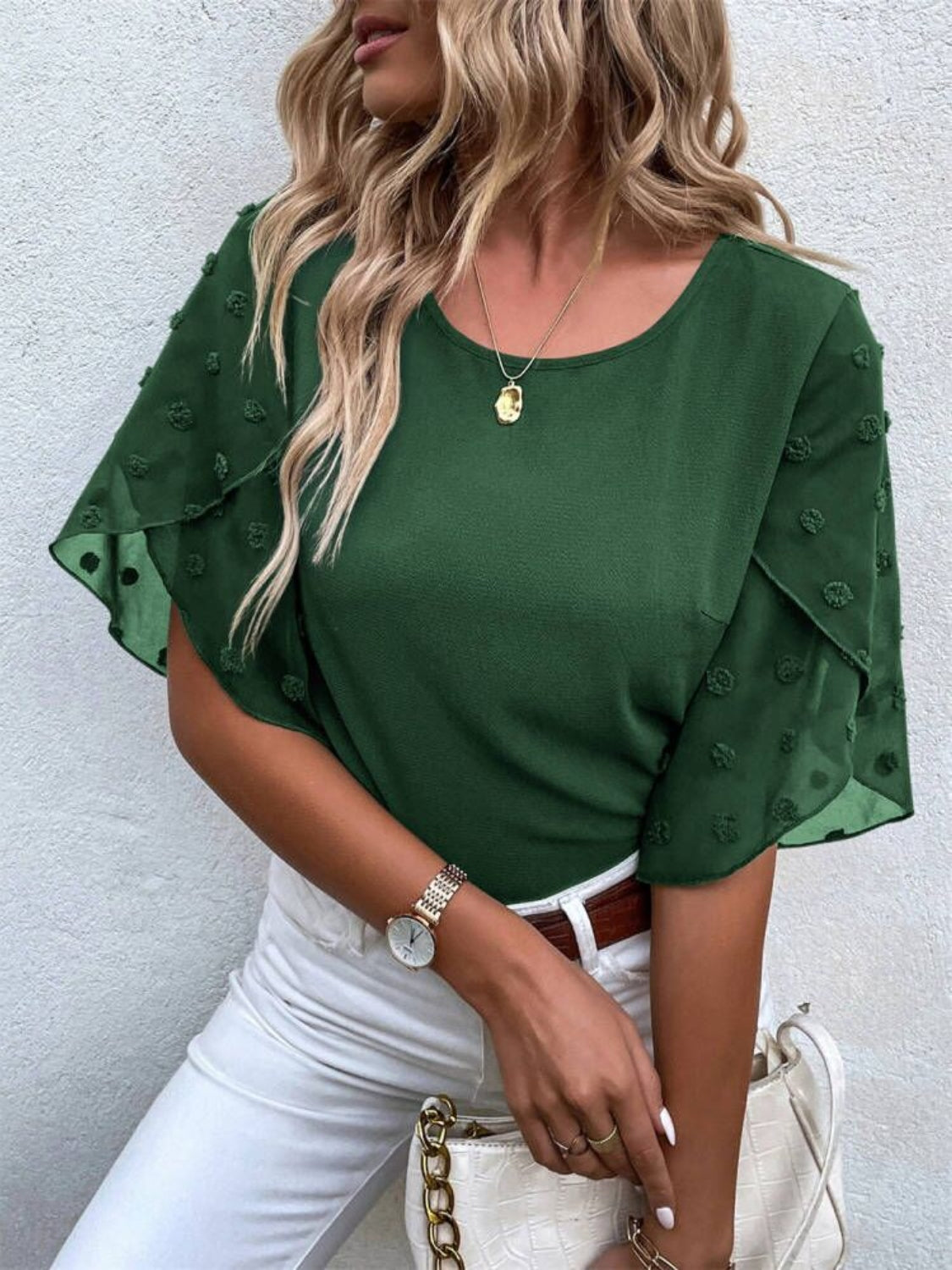 Swiss Dot Round Neck Half Sleeve Blouse Dark Green