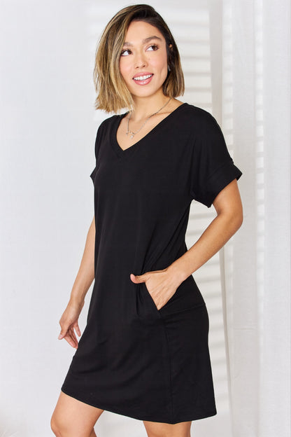 Zenana Full Size Rolled Short Sleeve V-Neck Dress