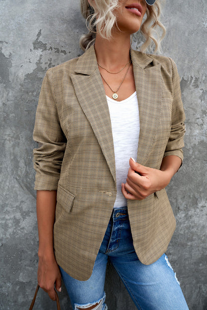 Plaid Lapel Collar Button Cuff Blazer Khaki