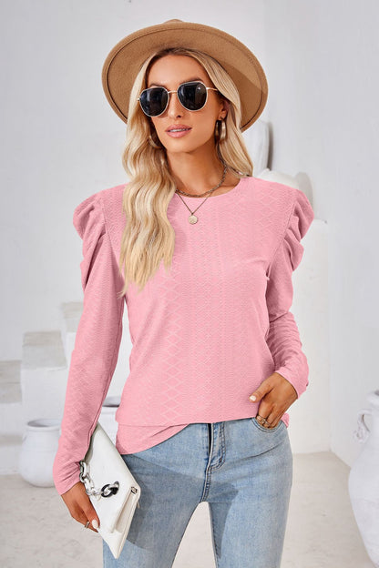 Round Neck Puff Sleeve Blouse Pink