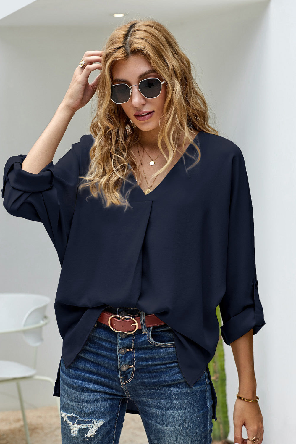 V-Neck Roll-Tab Sleeve Blouse Navy