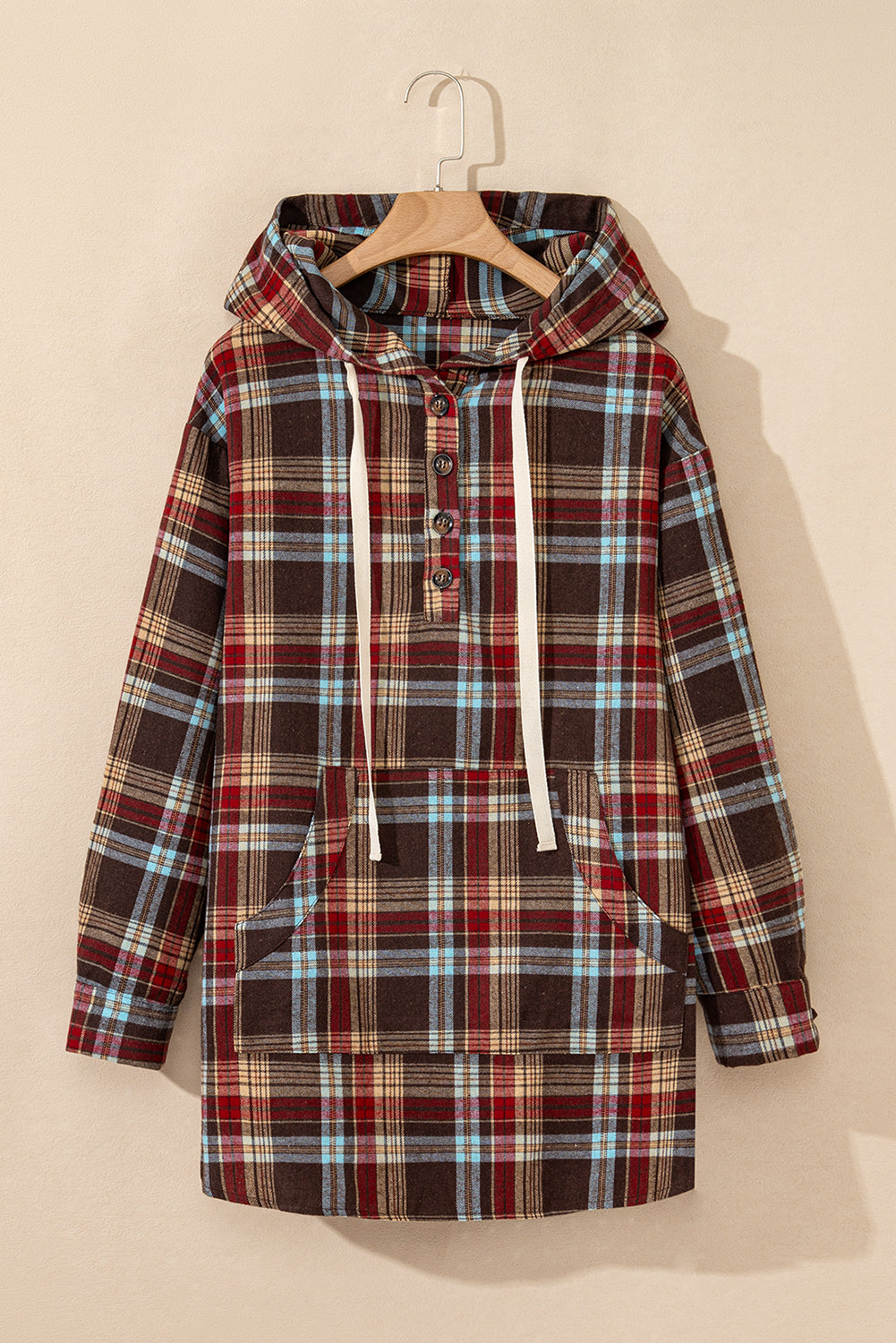 Fiery Red Plus Size Plaid Kangaroo Pocket Drawstring Hoodie