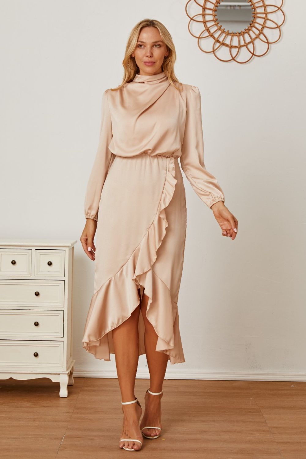 Mock Neck Ruffled Asymmetrical Dress Ivory