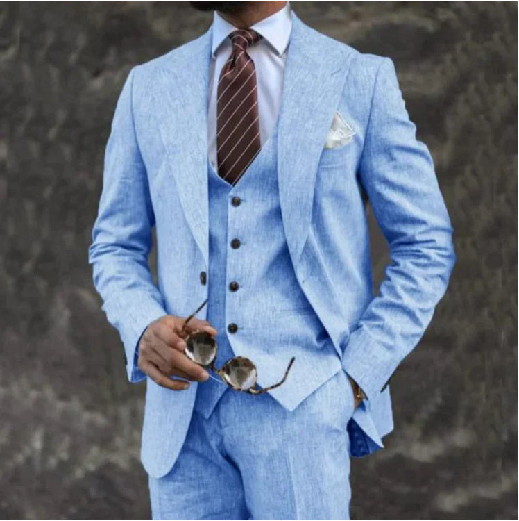 European And American Pink Business Casual Suit Three-piece Suit Men Blue