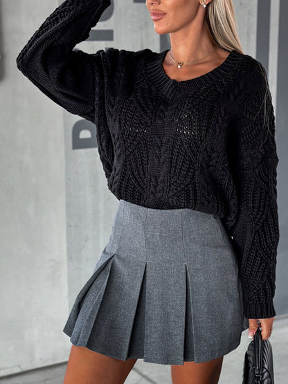 V-Neck Cable-Knit Long Sleeve Sweater Black