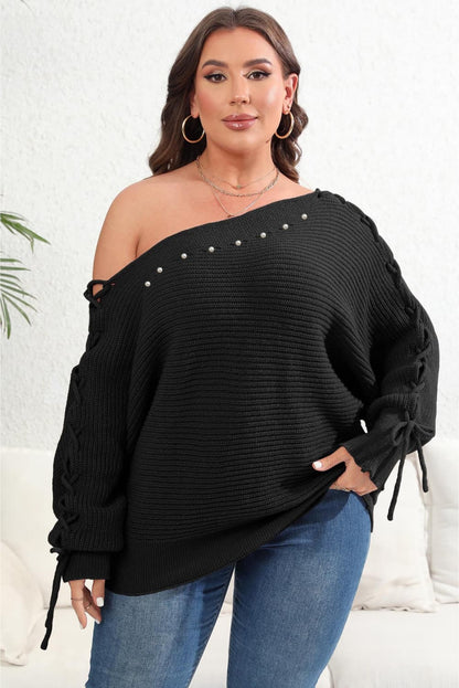 Plus Size One Shoulder Beaded Sweater Black