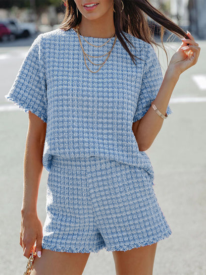 Raw Hem Round Neck Top and Shorts Set Light Blue