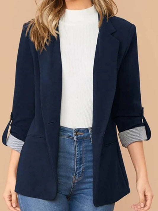 Lapel Collar Roll-Tab Sleeve Blazer Dark Blue