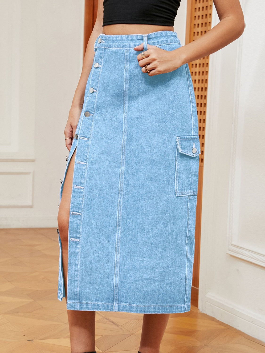 Button Down Midi Denim Skirt Light