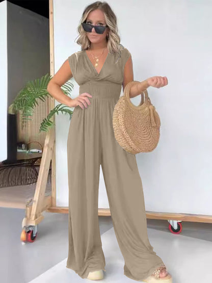 Smocked Cap Sleeve Wide Leg Jumpsuit Tan