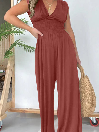 Smocked Cap Sleeve Wide Leg Jumpsuit Rust