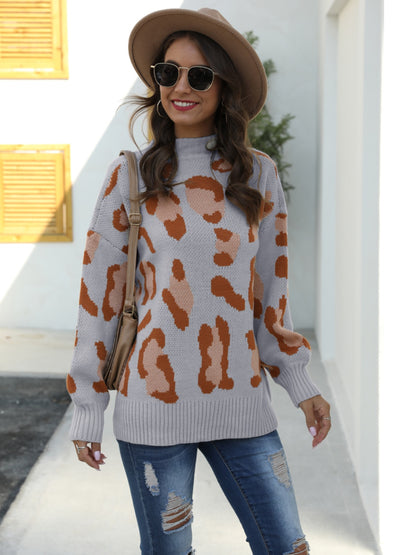 Leopard Mock Neck Dropped Shoulder Sweater Charcoal