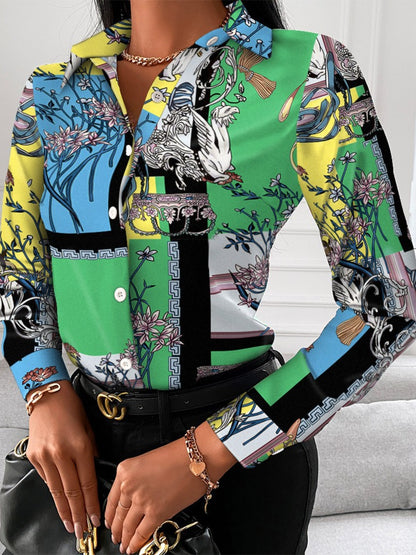 Printed Collared Neck Long Sleeve Shirt Mid Green