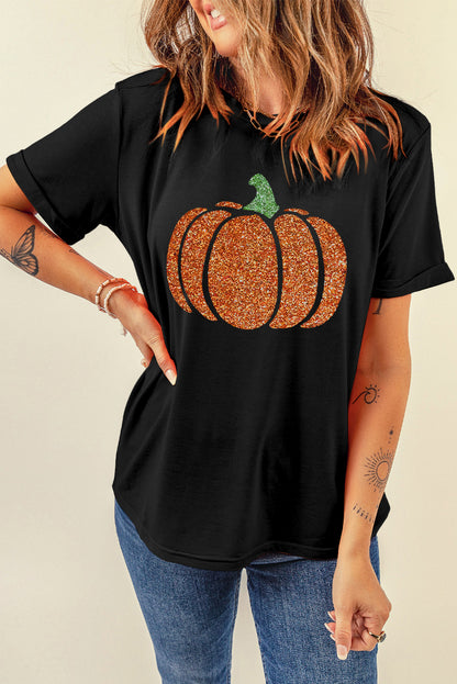 Glitter Pumpkin Round Neck Short Sleeve T-Shirt Black