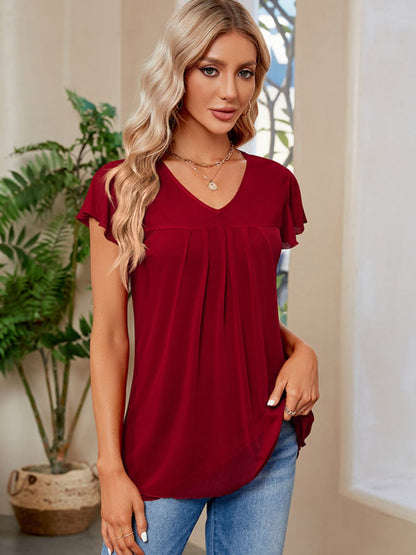 Ruched V-Neck Short Sleeve T-Shirt Burgundy