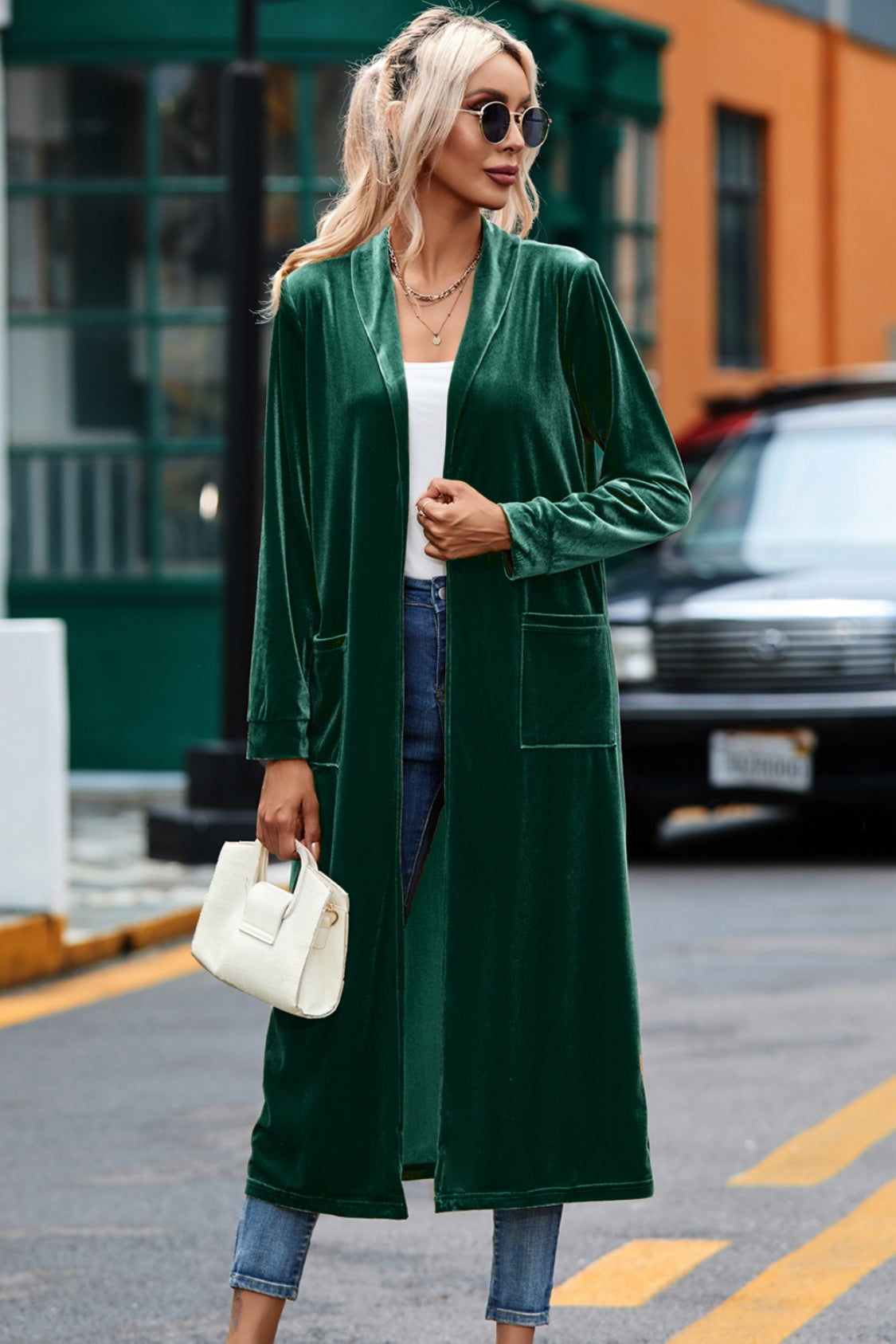 Velvet Open Front Long Cardigan with Pockets Dark Green