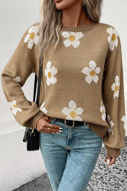 Floral Dropped Shoulder Sweater Khaki