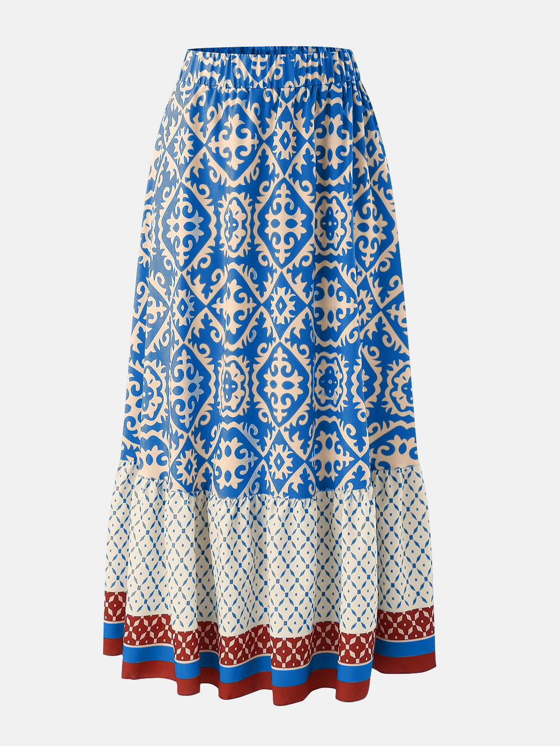 Geometric Elastic Waist Maxi Skirt Blue