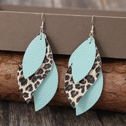 Leopard PU Leather Leaf Earrings - Thandynie