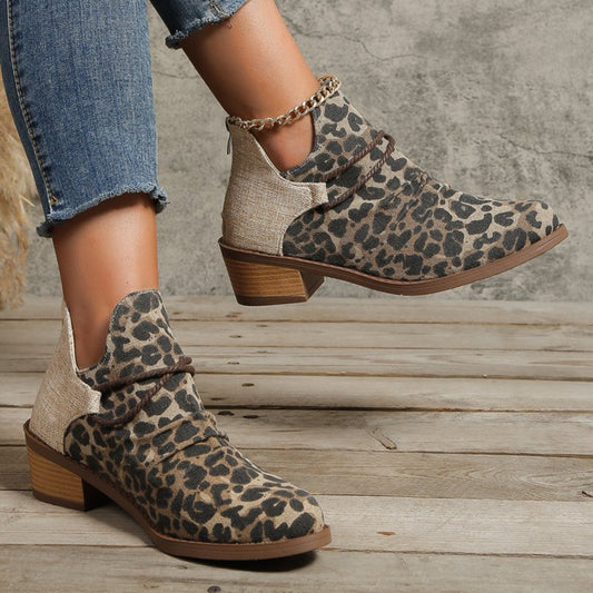 Contrast Canvas Low Heel Boots Leopard