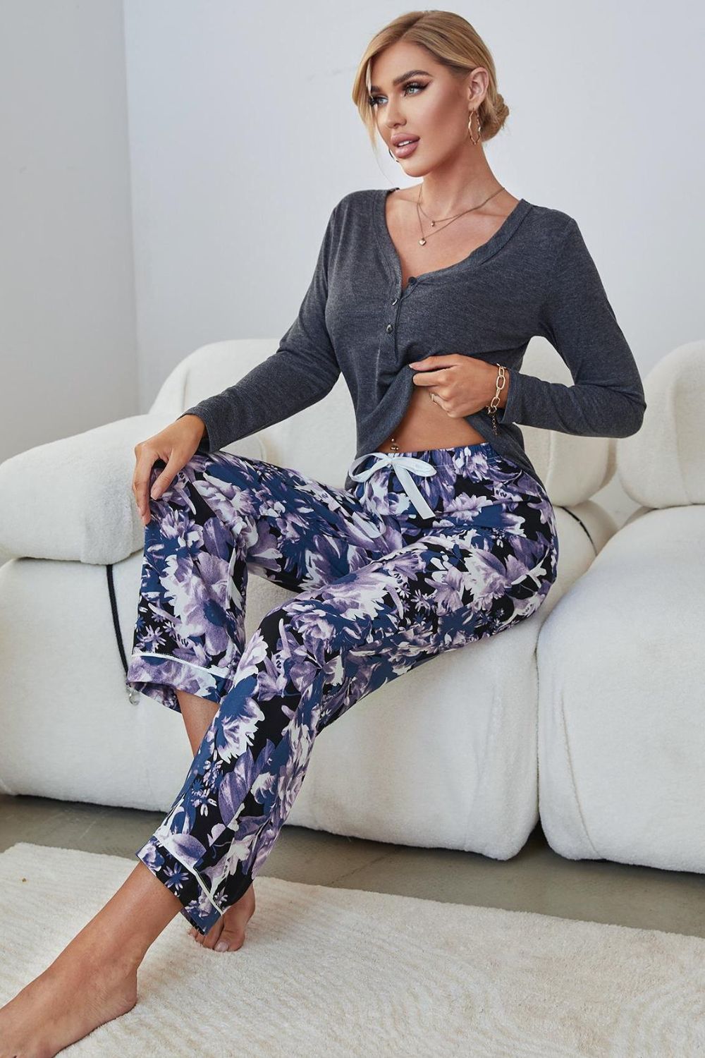 V-Neck Henley Top and Floral Pants Lounge Set Floral