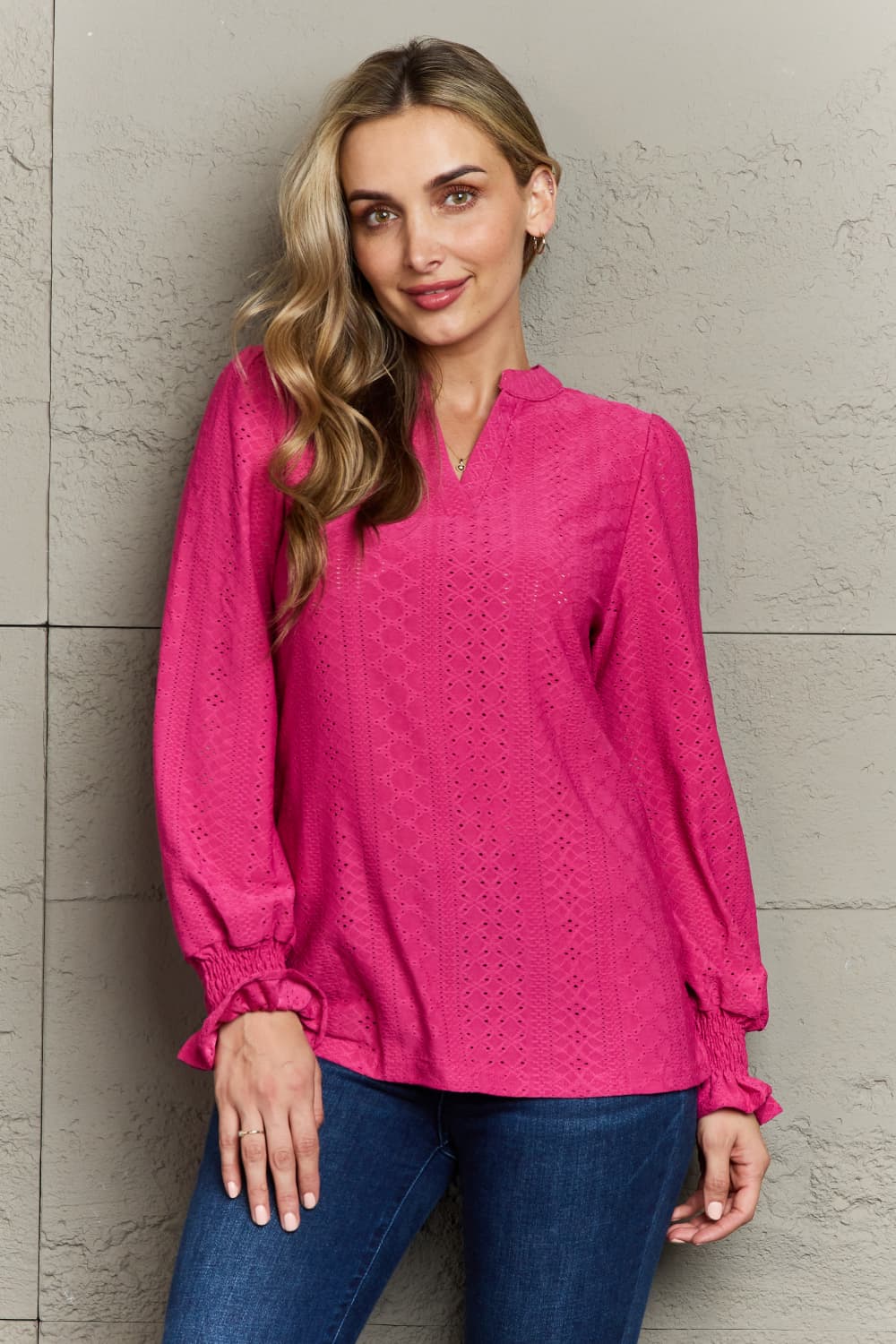 Eyelet Notched Neck Flounce Sleeve Blouse Hot Pink