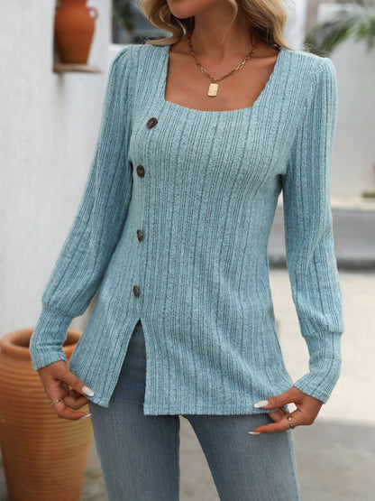 Decorative Button Striped Square Neck Long Sleeve T-Shirt Pastel Blue