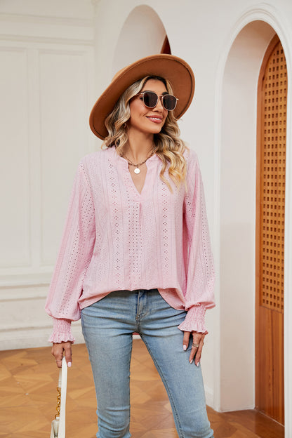 Notched Neck Flounce Sleeve Blouse Blush Pink