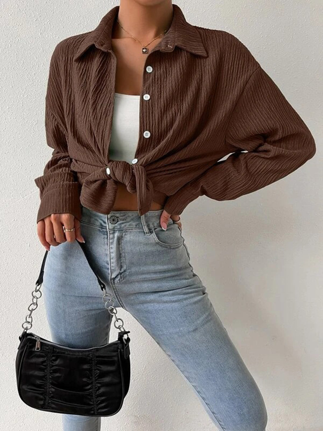 Textured Drop Shoulder Shirt Jacket Burnt Umber