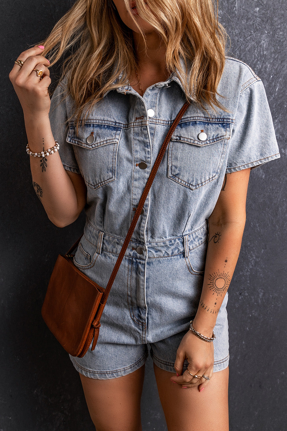 Light Blue Vintage Washed Buttons Pocketed Denim Romper