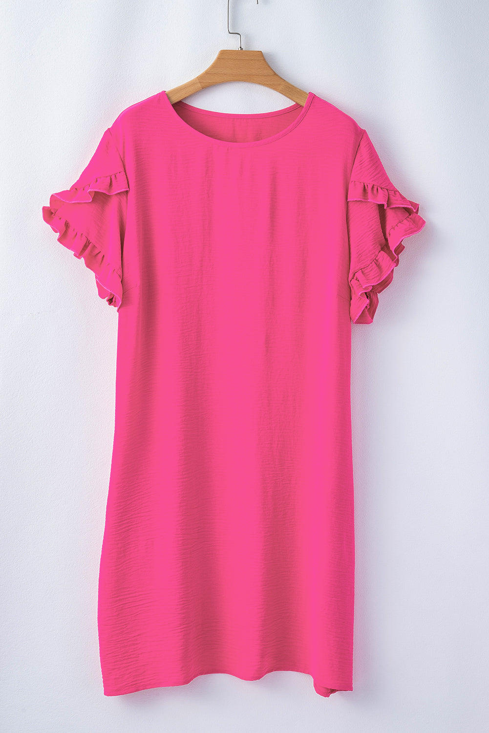 Strawberry Pink Solid Ruffled Sleeve Plus Size Mini Dress