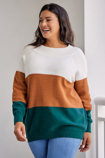 Plus Size Color Block Long Sleeve Sweater Caramel