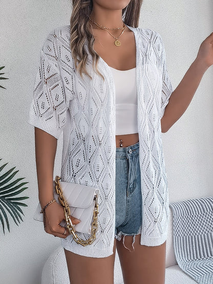 Openwork Open Front Half Sleeve Cardigan White