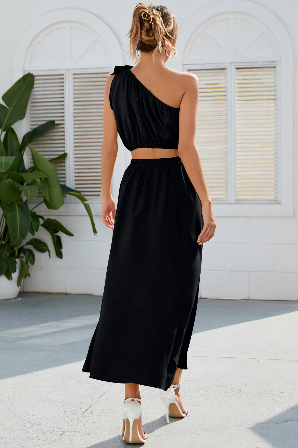 Ruched One Shoulder Top and Slit Skirt Set