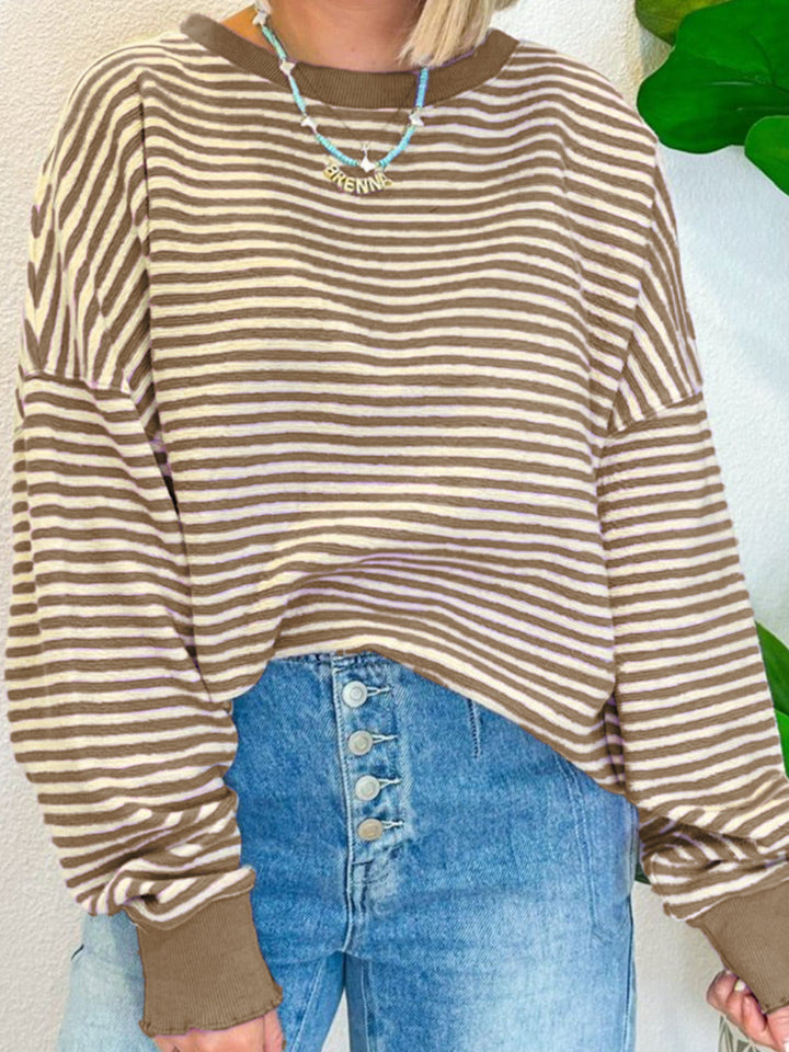 Striped Round Neck Long Sleeve Sweatshirt Taupe