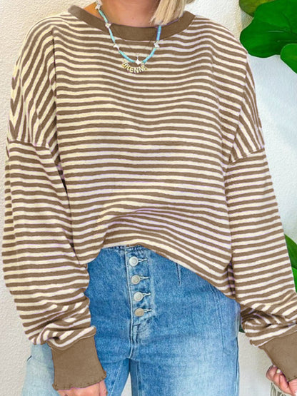 Striped Round Neck Long Sleeve Sweatshirt Taupe