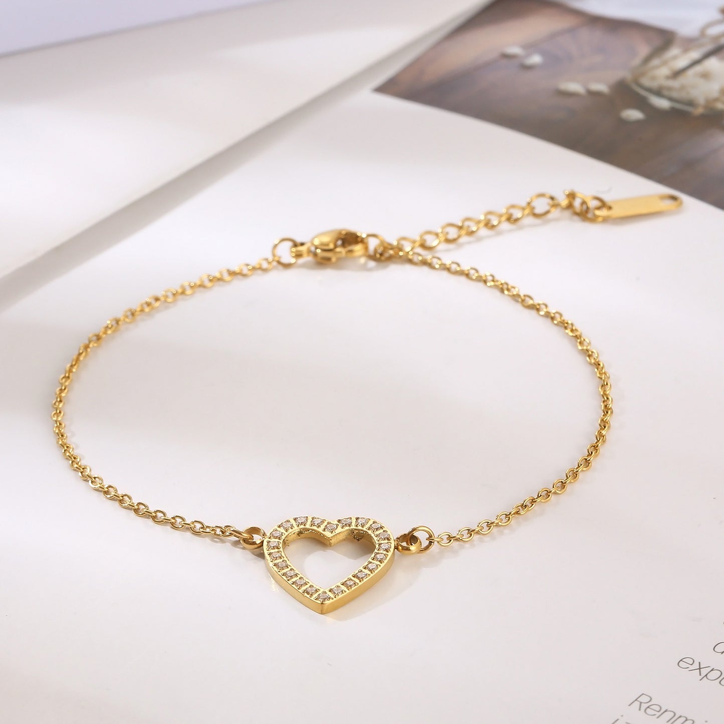 Inlaid Zircon Stainless Steel Heart Bracelet Gold One Size