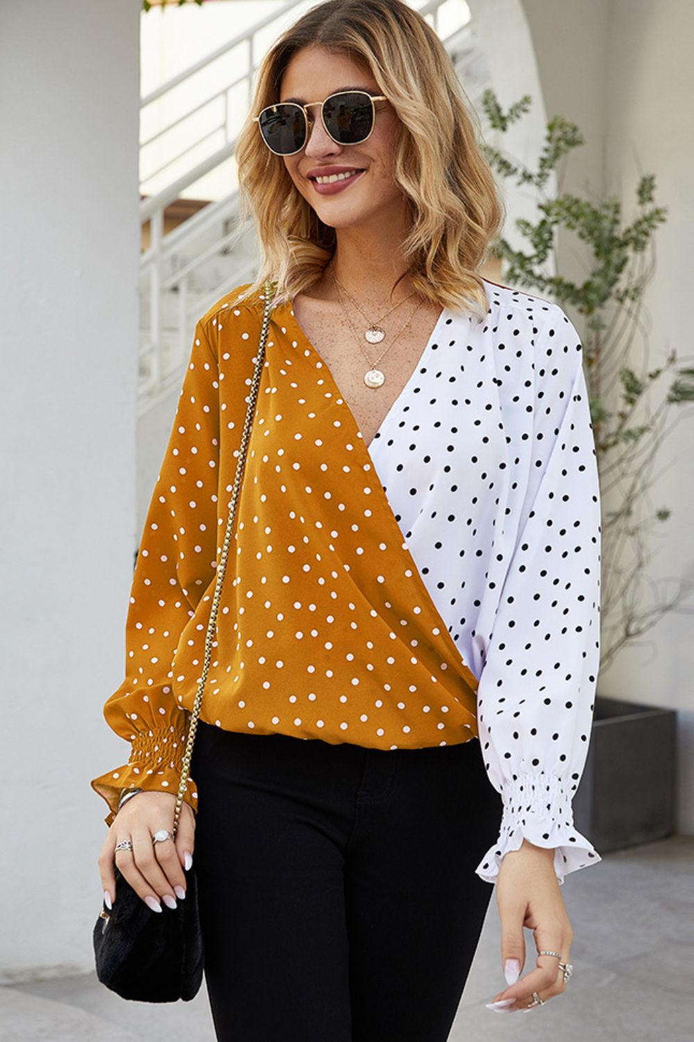 Polka Dot Surplice Neck Lantern Sleeve Blouse