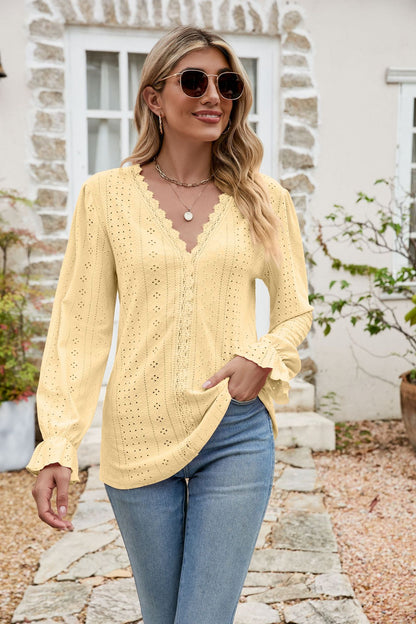 Eyelet Lace Trim Flounce Sleeve Blouse Light Yellow