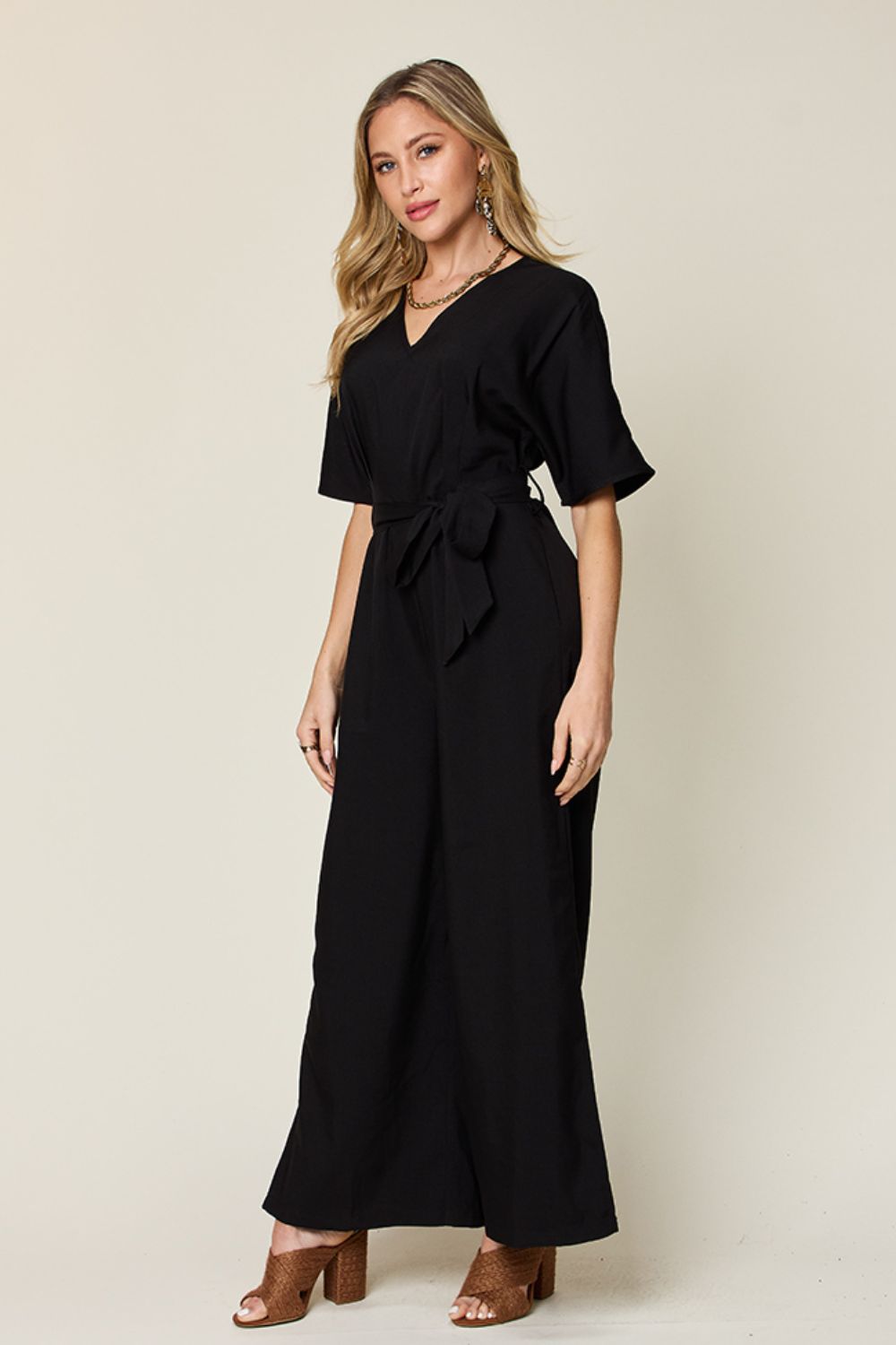 Double Take Full Size V-Neck Tie Front Short Sleeve Slit Jumpsuit - Thandynie